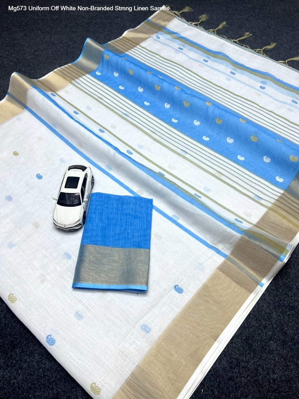 Mg573 Uniform Off White Non-Branded Stmng Linen Sarees