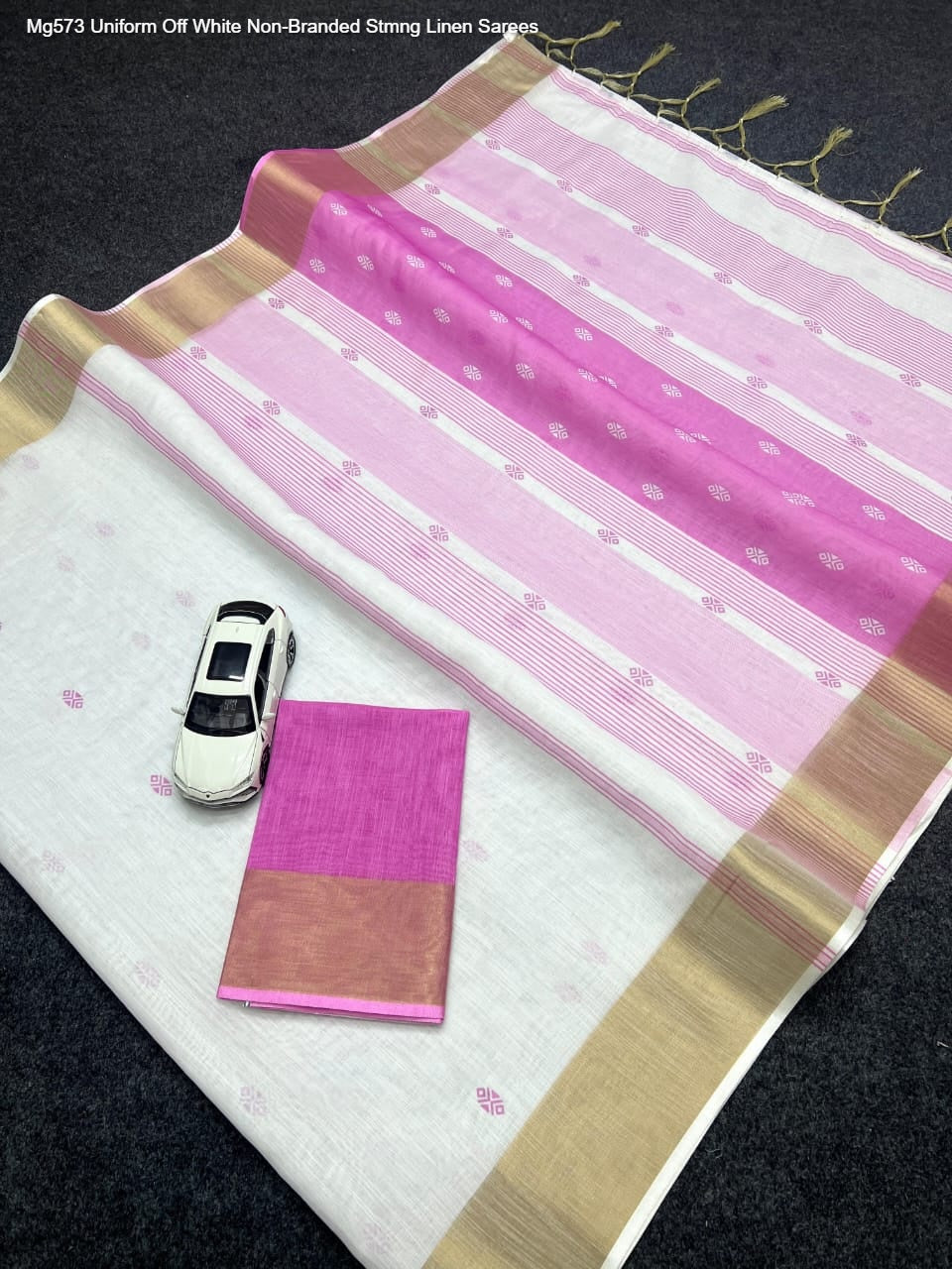 Mg573 Uniform Off White Non-Branded Stmng Linen Sarees