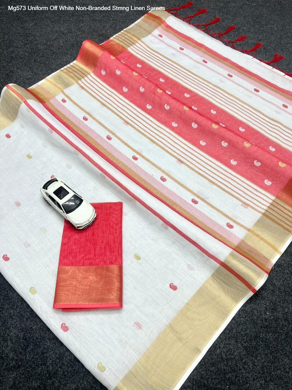 Mg573 Uniform Off White Non-Branded Stmng Linen Sarees