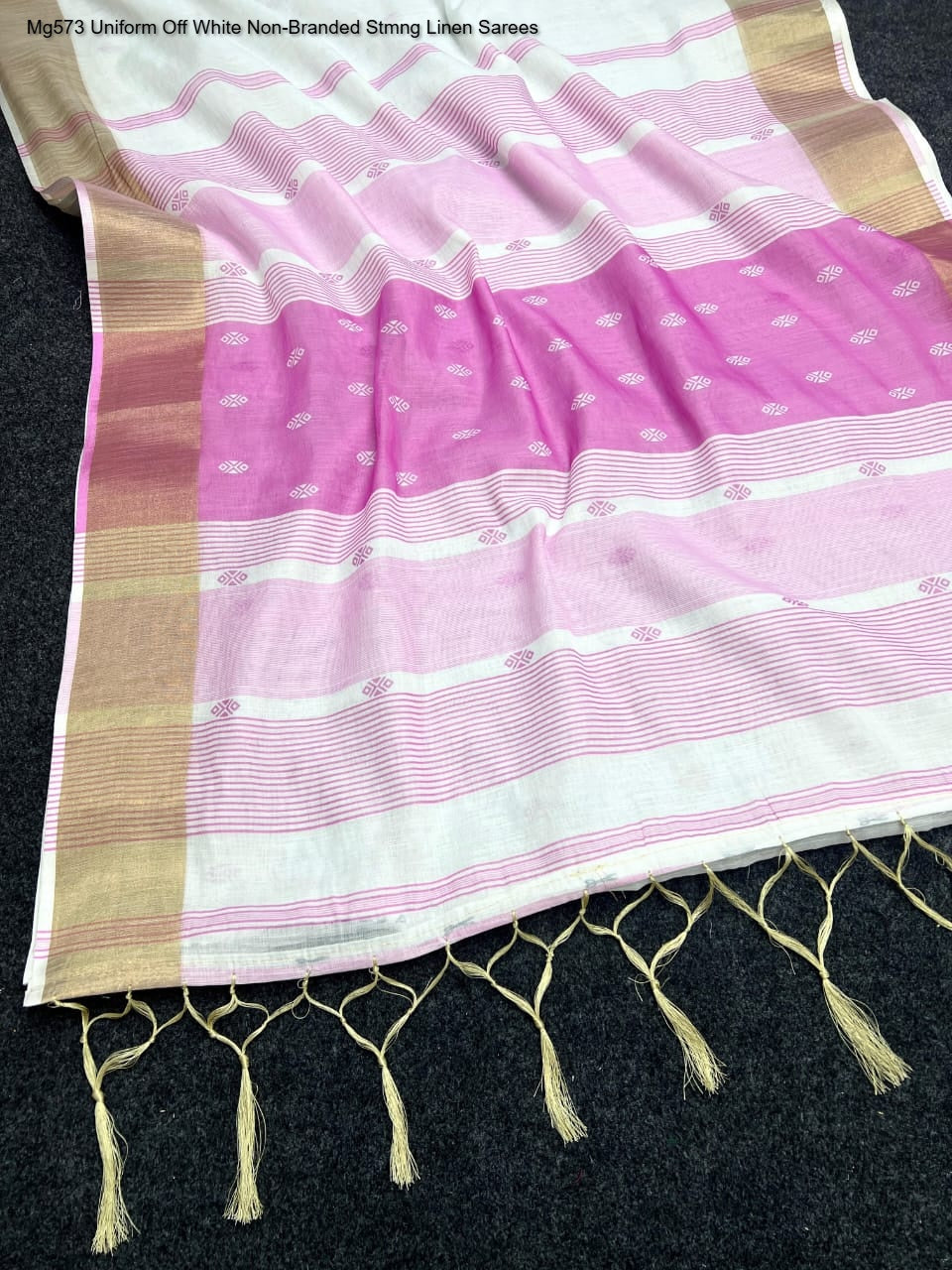 Mg573 Uniform Off White Non-Branded Stmng Linen Sarees