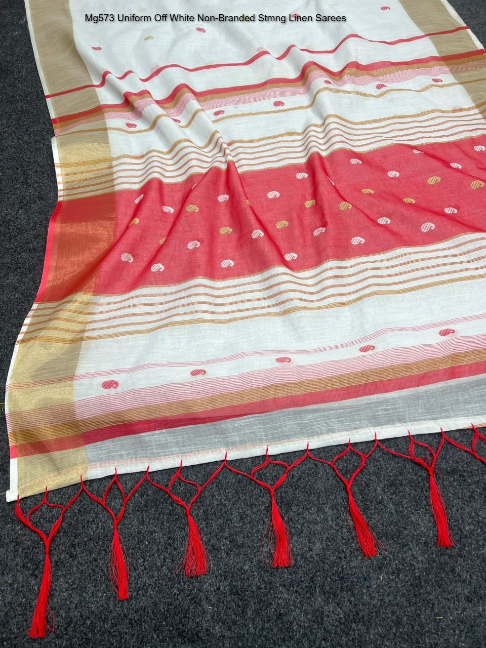 Mg573 Uniform Off White Non-Branded Stmng Linen Sarees