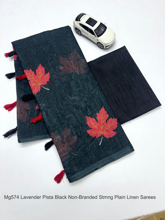 Mg574 Lavender Pista Black Non-Branded Stmng Plain Linen Sarees