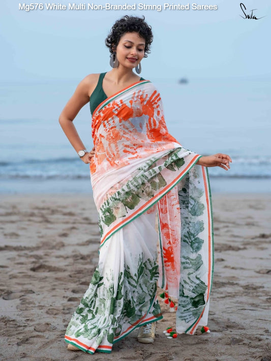 Mg576 White Multi Non-Branded Stmng Printed Sarees