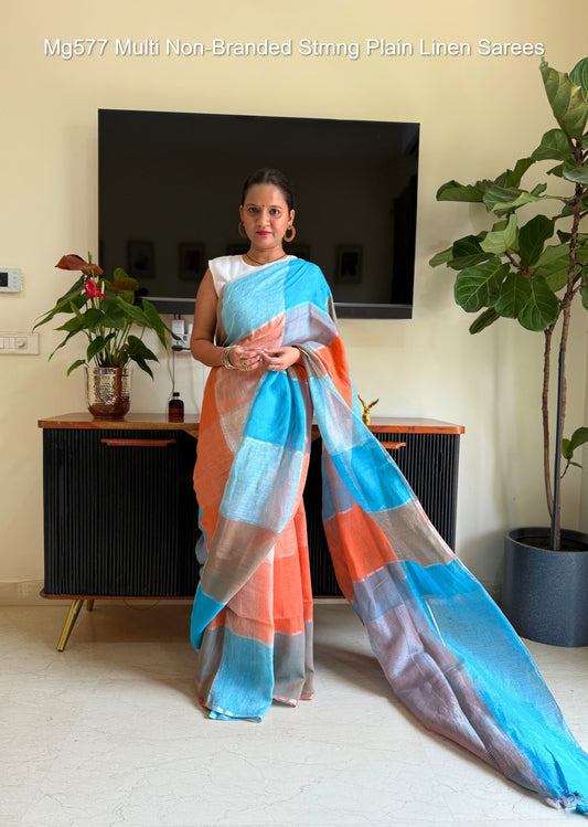 Mg577 Multi Non-Branded Stmng Plain Linen Sarees