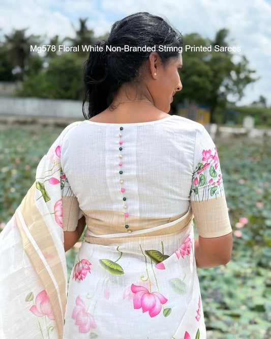 Mg578 Floral White Non-Branded Stmng Printed Sarees