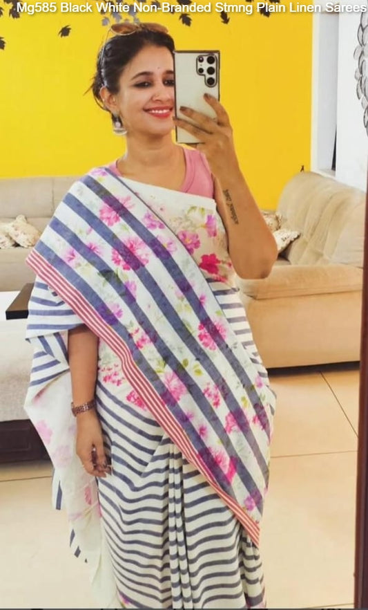 Mg585 Black White Non-Branded Stmng Plain Linen Sarees
