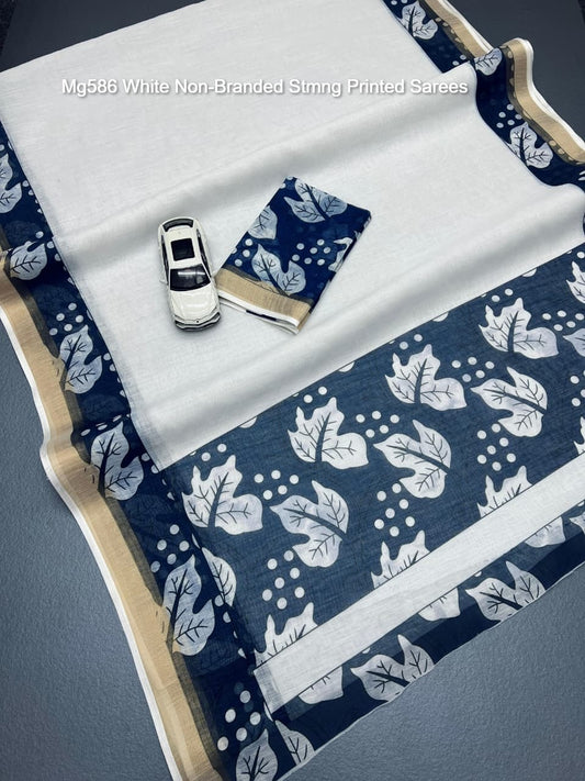 Mg586 White Non-Branded Stmng Printed Sarees