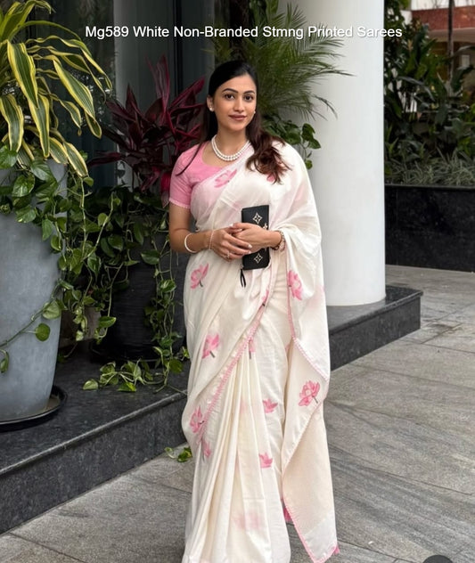 Mg589 White Non-Branded Stmng Printed Sarees