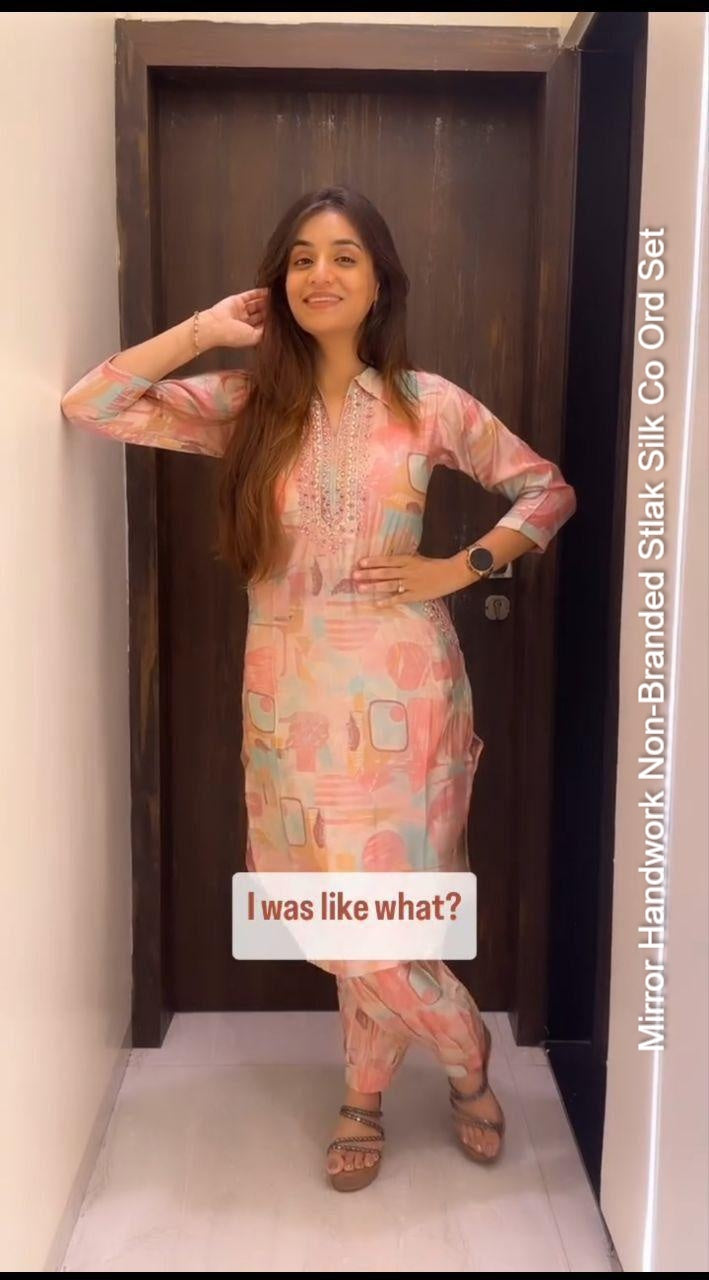 Mirror Handwork Non-Branded Stlak Silk Co Ord Set