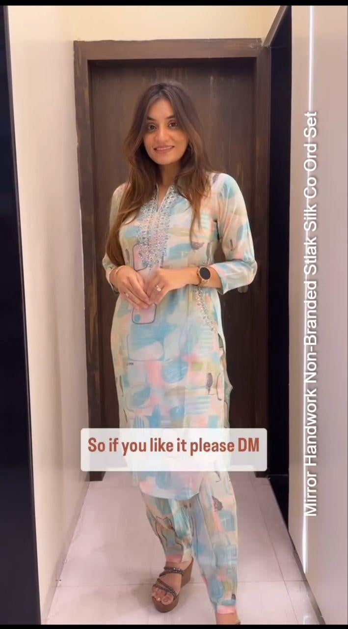 Mirror Handwork Non-Branded Stlak Silk Co Ord Set