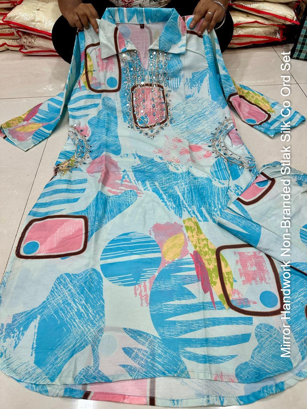 Mirror Handwork Non-Branded Stlak Silk Co Ord Set