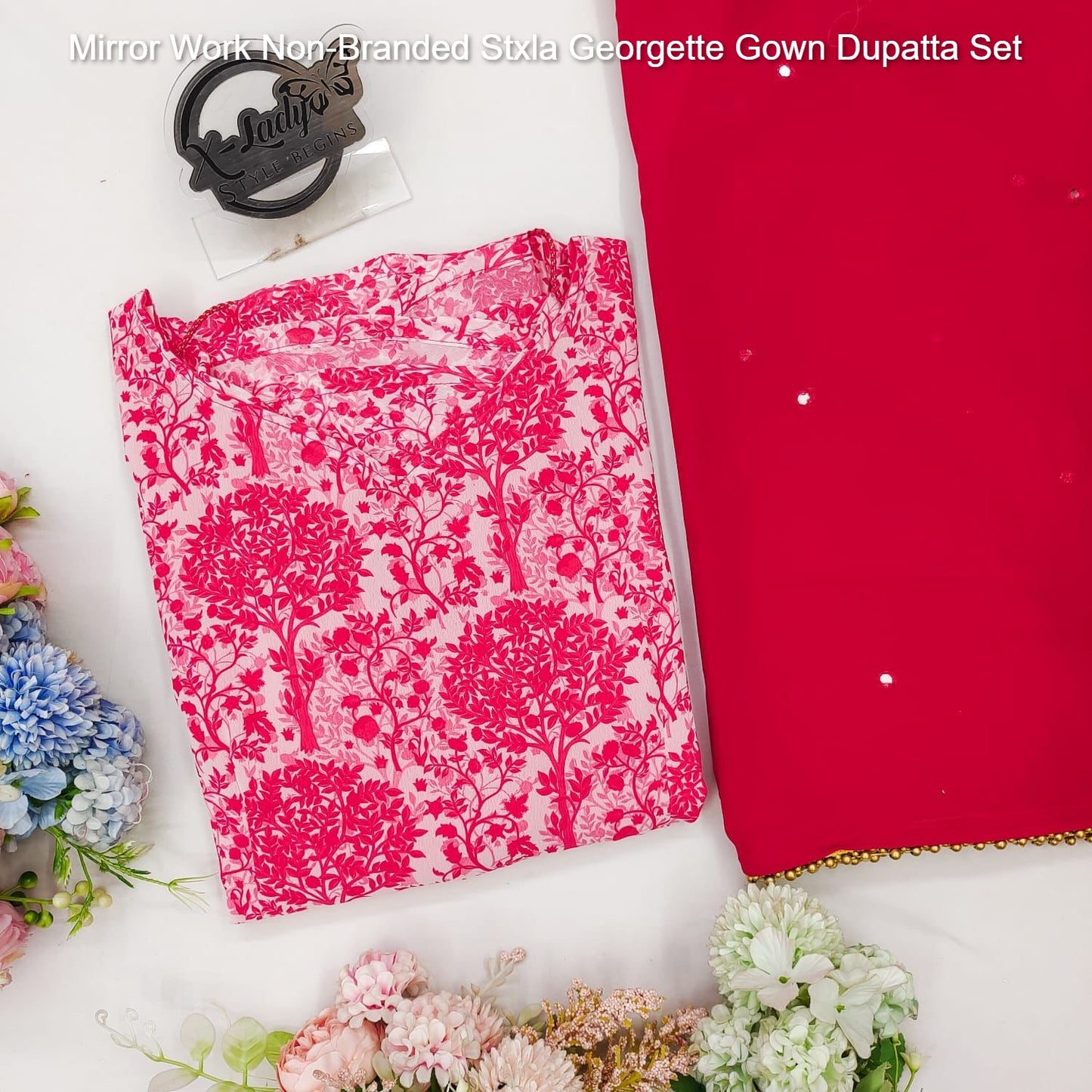 Mirror Work Non-Branded Stxla Georgette Gown Dupatta Set