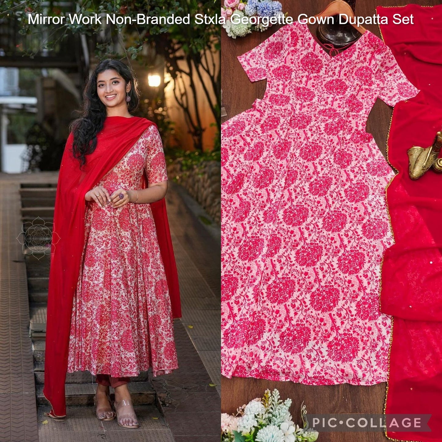 Mirror Work Non-Branded Stxla Georgette Gown Dupatta Set