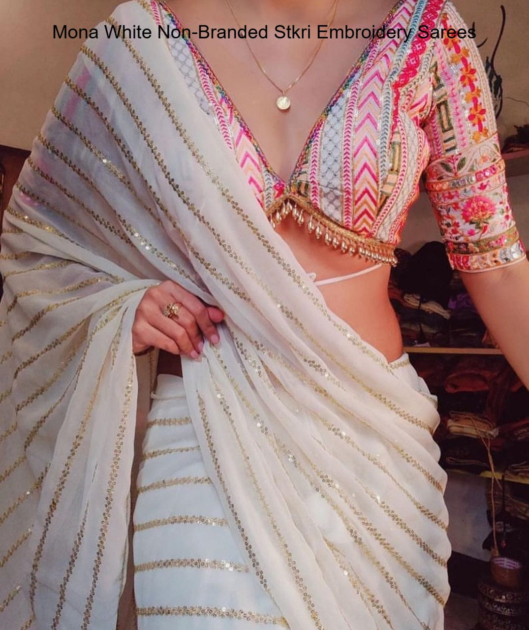 Mona White Non-Branded Stkri Embroidery Sarees