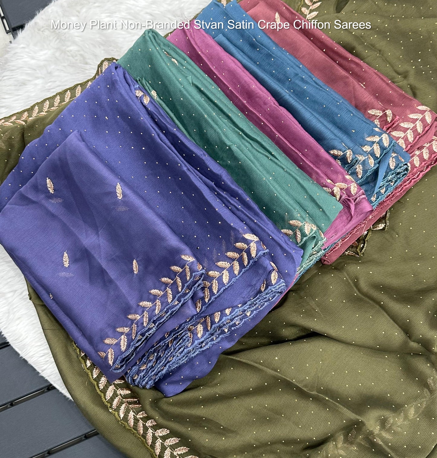 Money Plant Non-Branded Stvan Satin Crape Chiffon Sarees