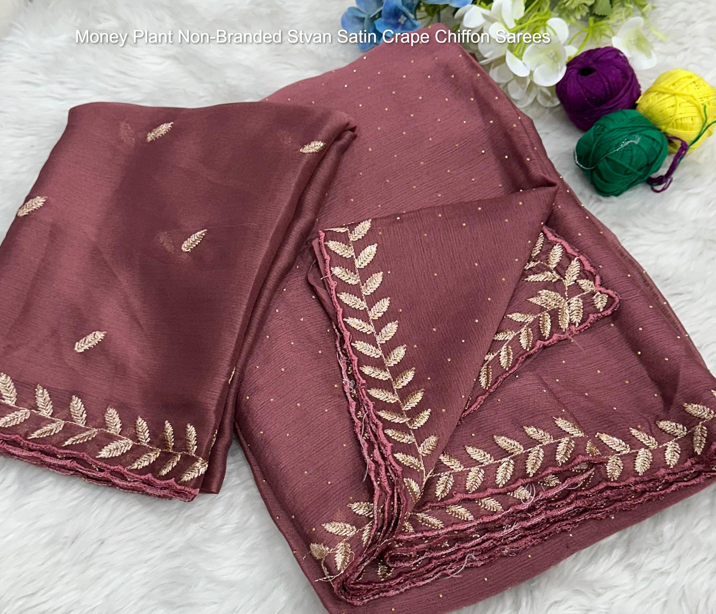 Money Plant Non-Branded Stvan Satin Crape Chiffon Sarees