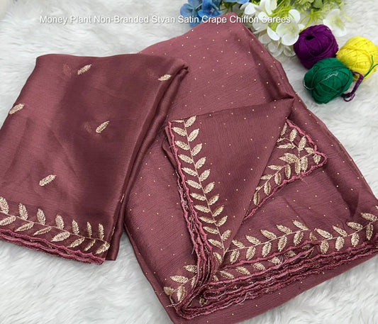 Money Plant Non-Branded Stvan Satin Crape Chiffon Sarees