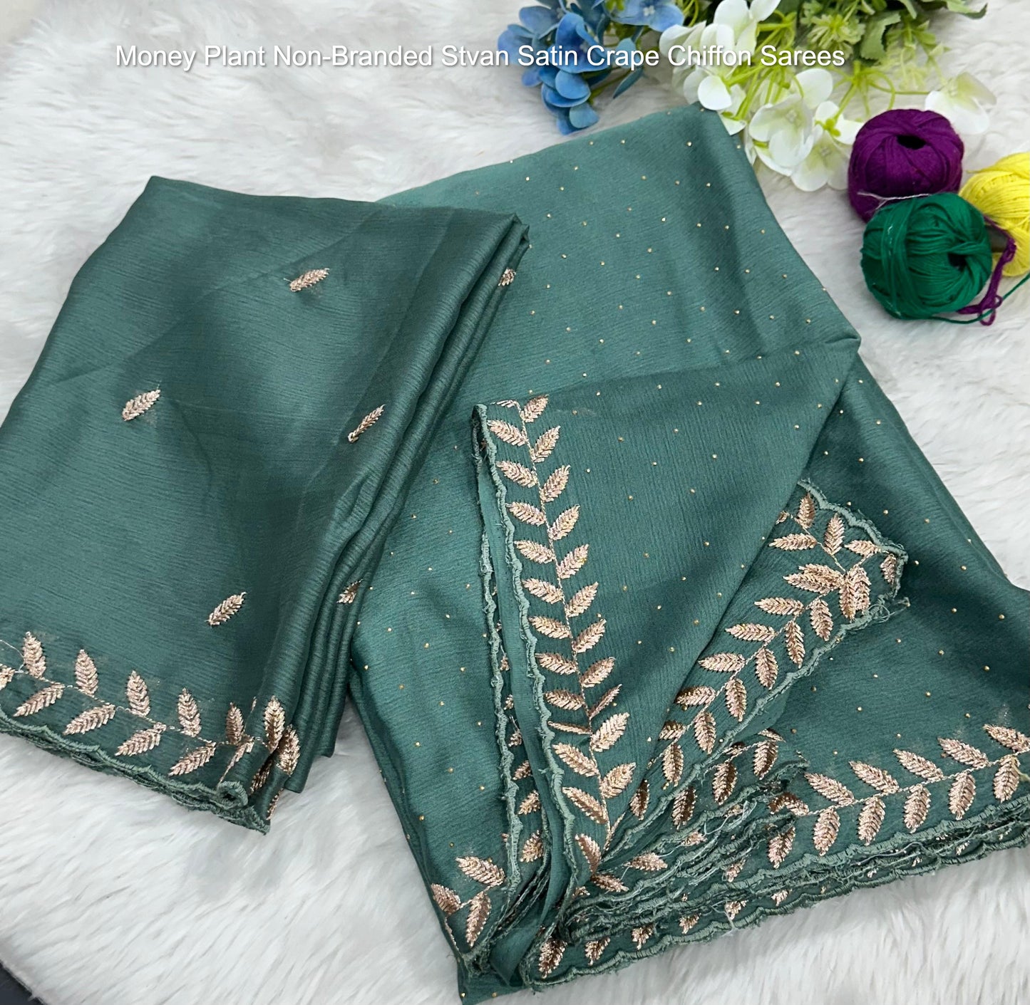 Money Plant Non-Branded Stvan Satin Crape Chiffon Sarees