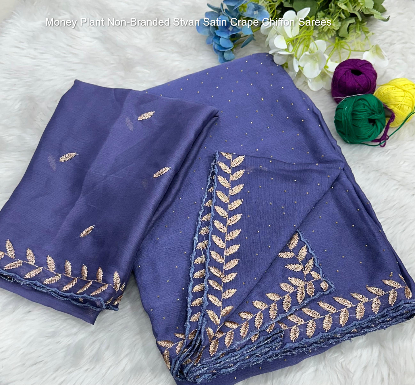 Money Plant Non-Branded Stvan Satin Crape Chiffon Sarees