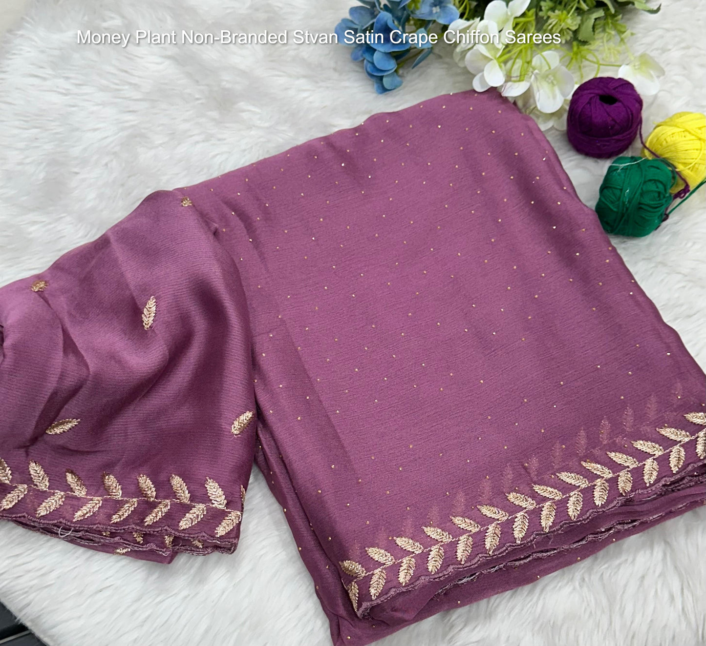 Money Plant Non-Branded Stvan Satin Crape Chiffon Sarees