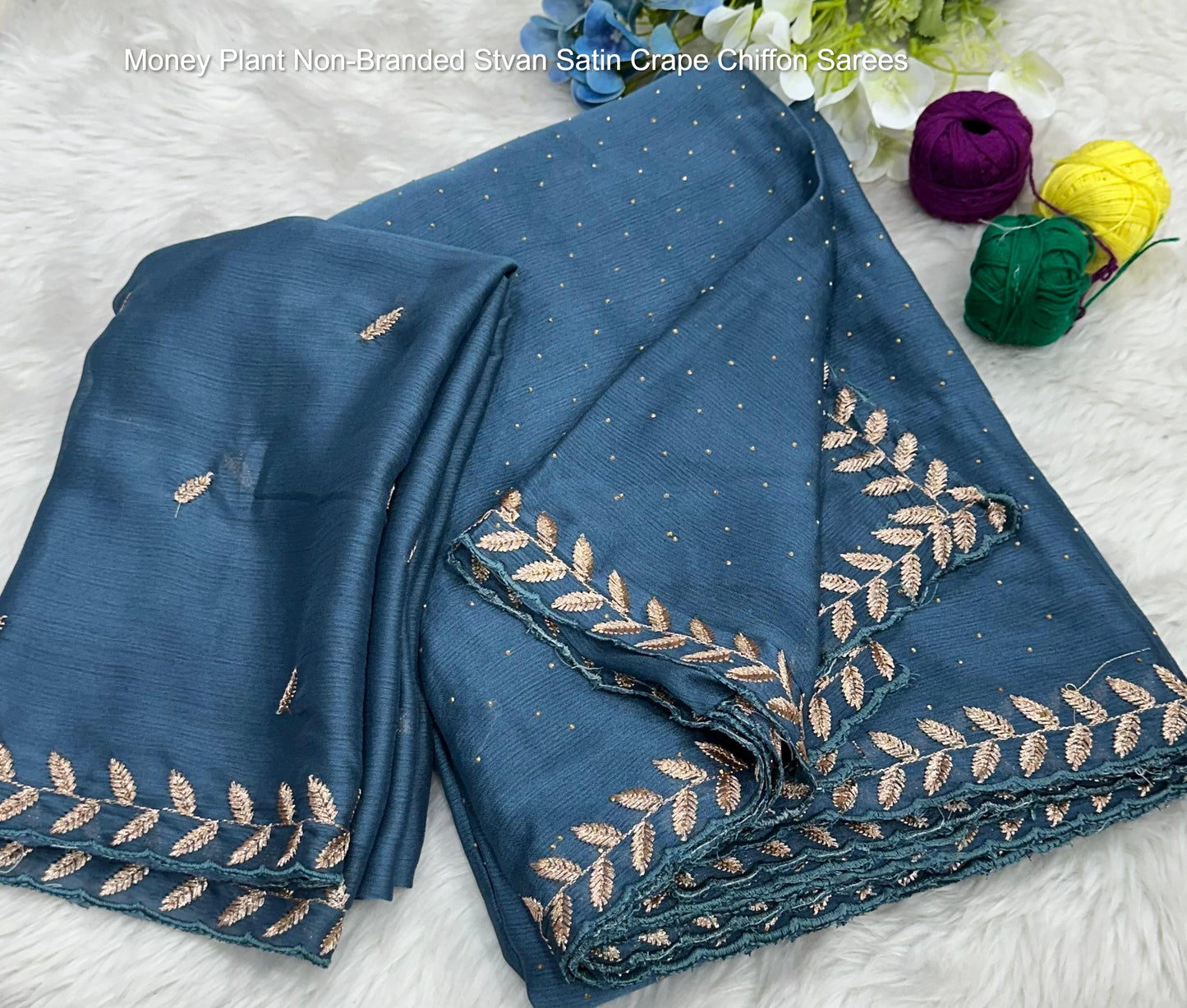 Money Plant Non-Branded Stvan Satin Crape Chiffon Sarees