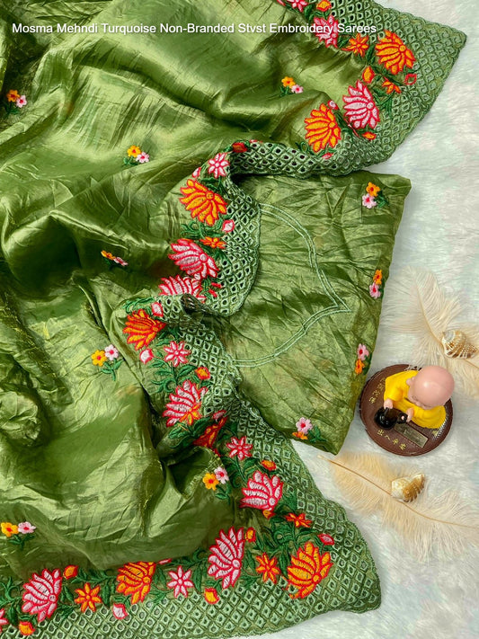 Mosma Mehndi Turquoise Non-Branded Stvst Embroidery Sarees