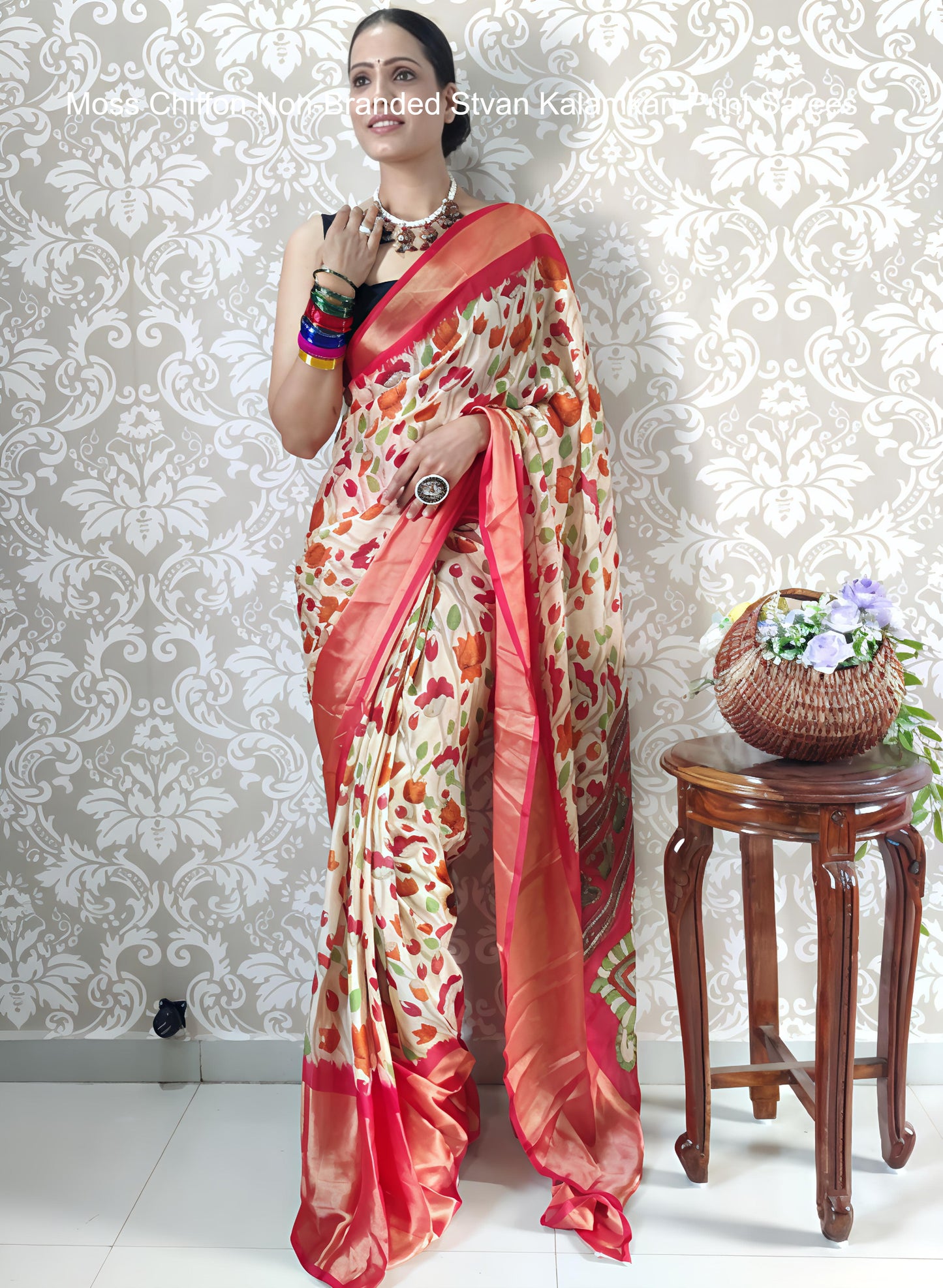 Moss Chiffon Non-Branded Stvan Kalamkari Print Sarees