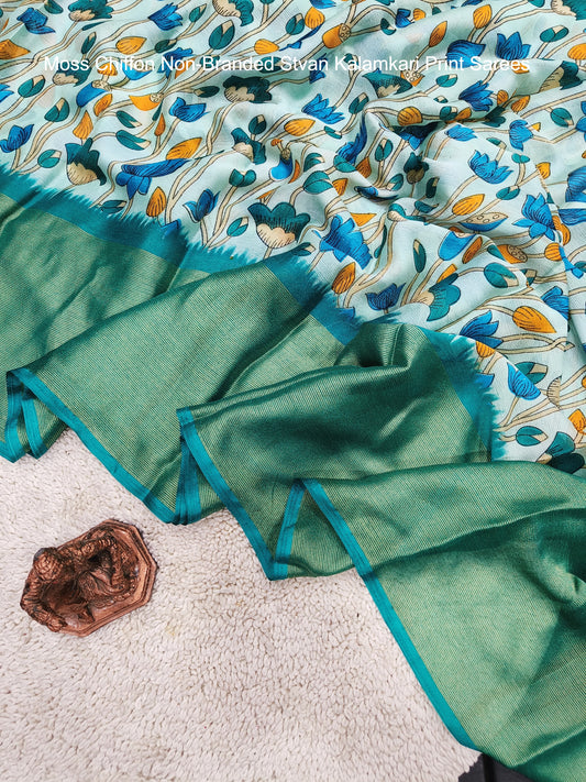 Moss Chiffon Non-Branded Stvan Kalamkari Print Sarees