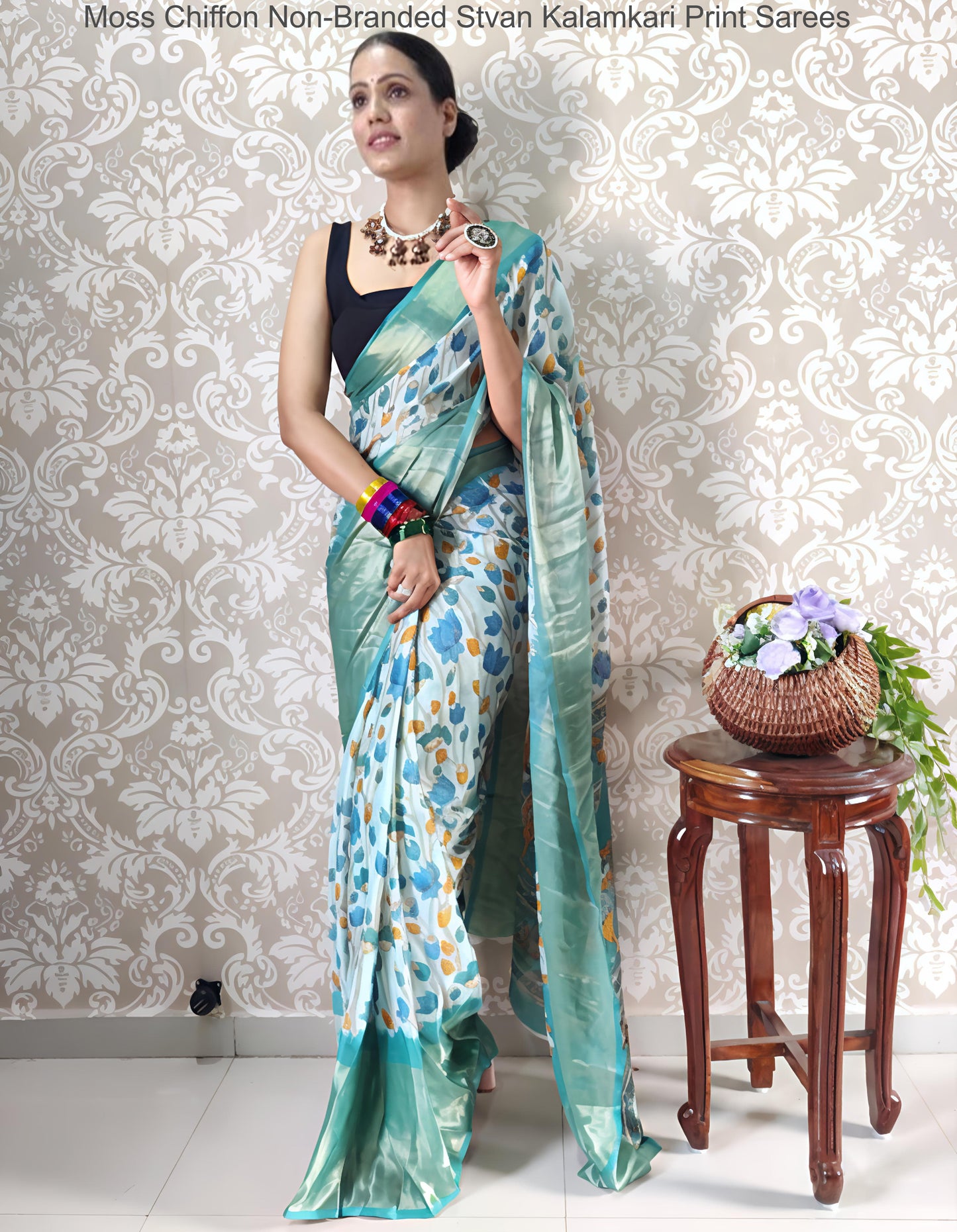 Moss Chiffon Non-Branded Stvan Kalamkari Print Sarees