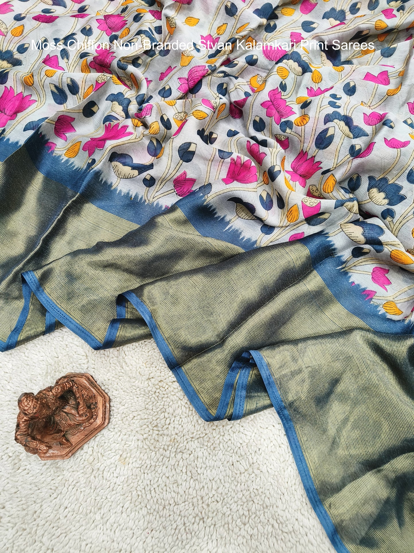 Moss Chiffon Non-Branded Stvan Kalamkari Print Sarees