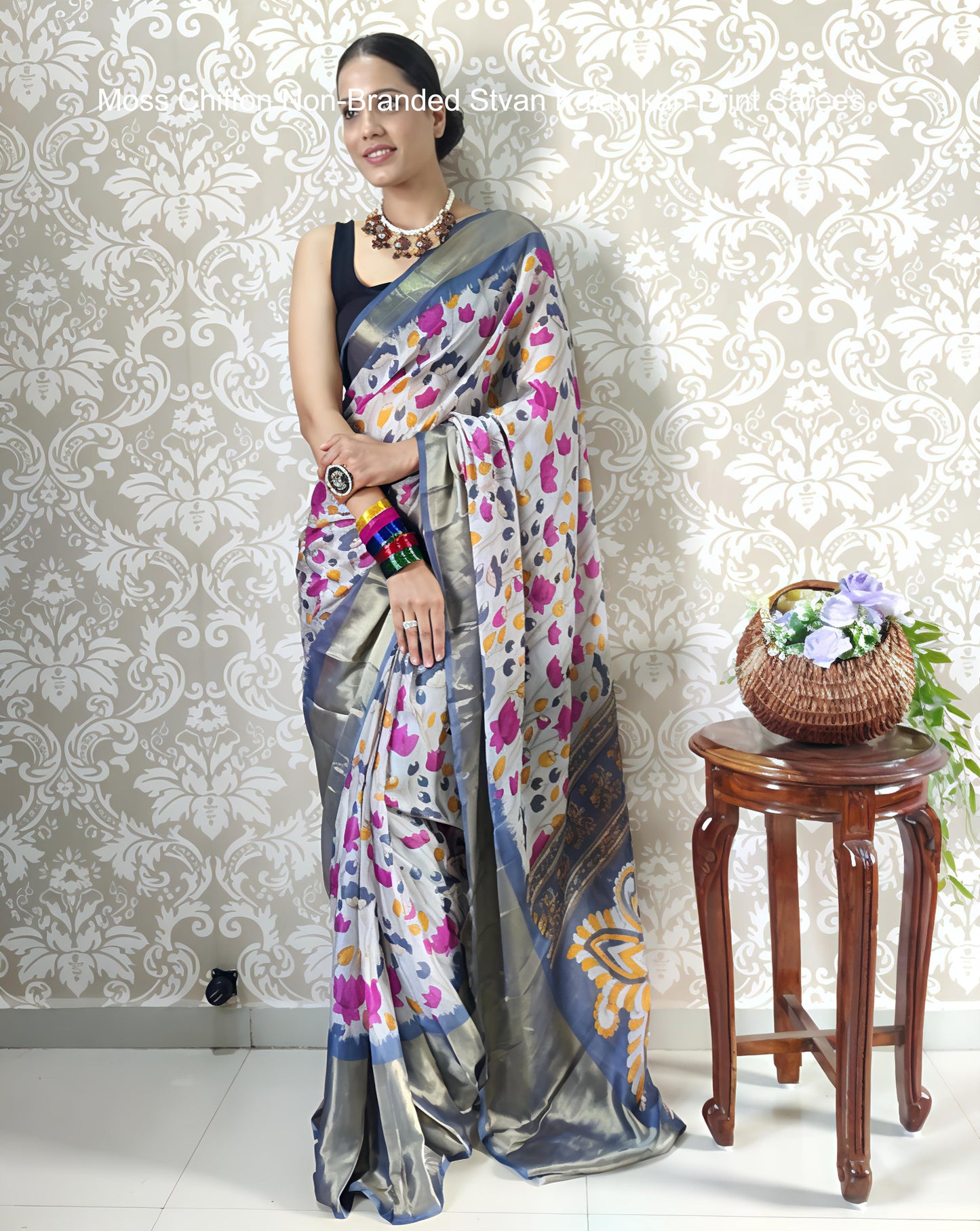 Moss Chiffon Non-Branded Stvan Kalamkari Print Sarees