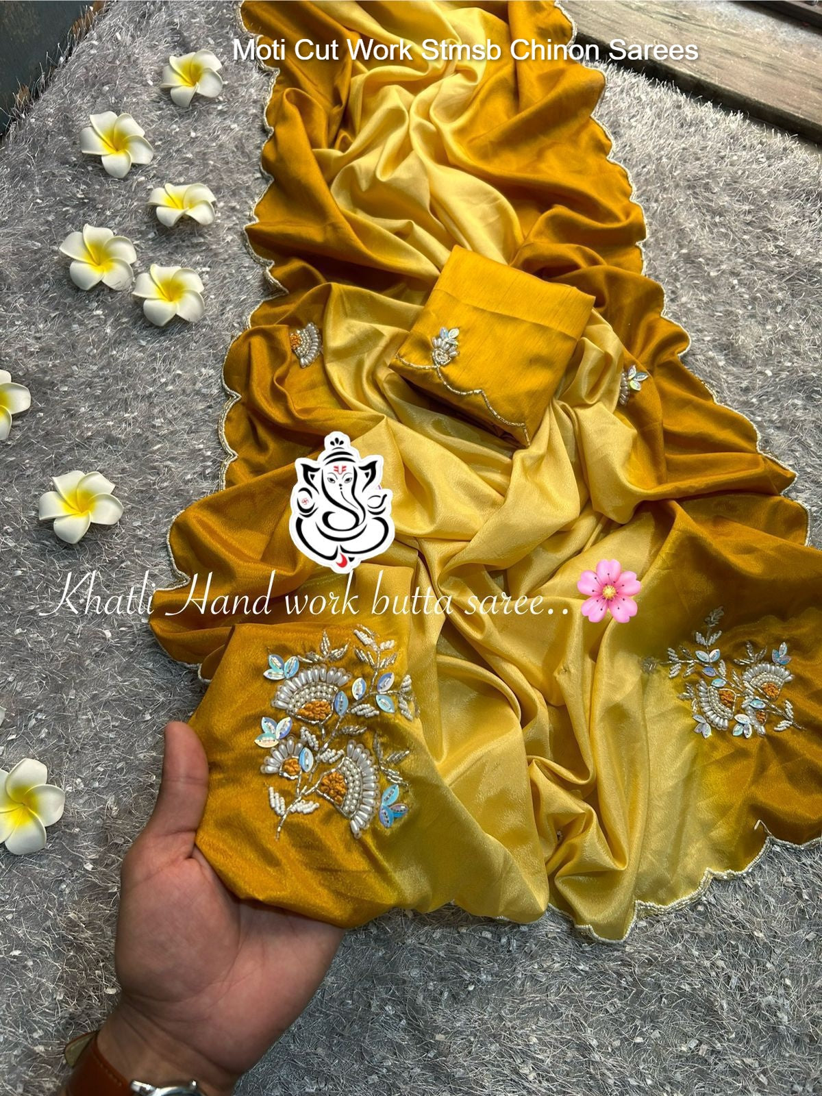 Moti Cut Work Stmsb Chinon Sarees