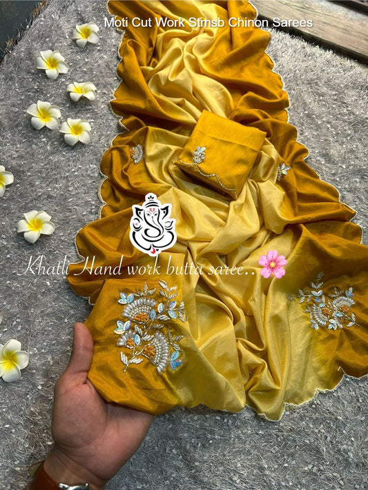 Moti Cut Work Stmsb Chinon Sarees