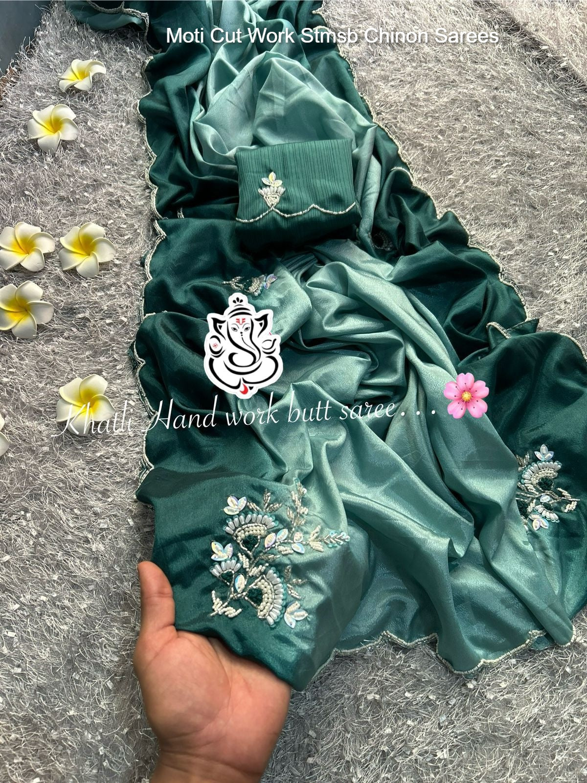 Moti Cut Work Stmsb Chinon Sarees