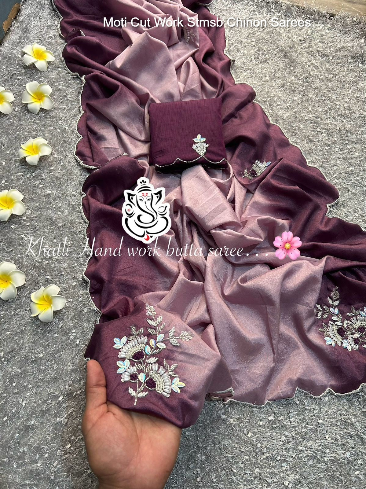 Moti Cut Work Stmsb Chinon Sarees