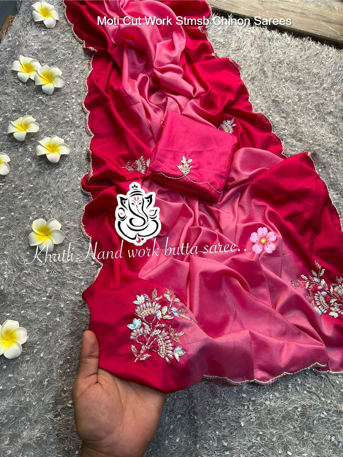 Moti Cut Work Stmsb Chinon Sarees