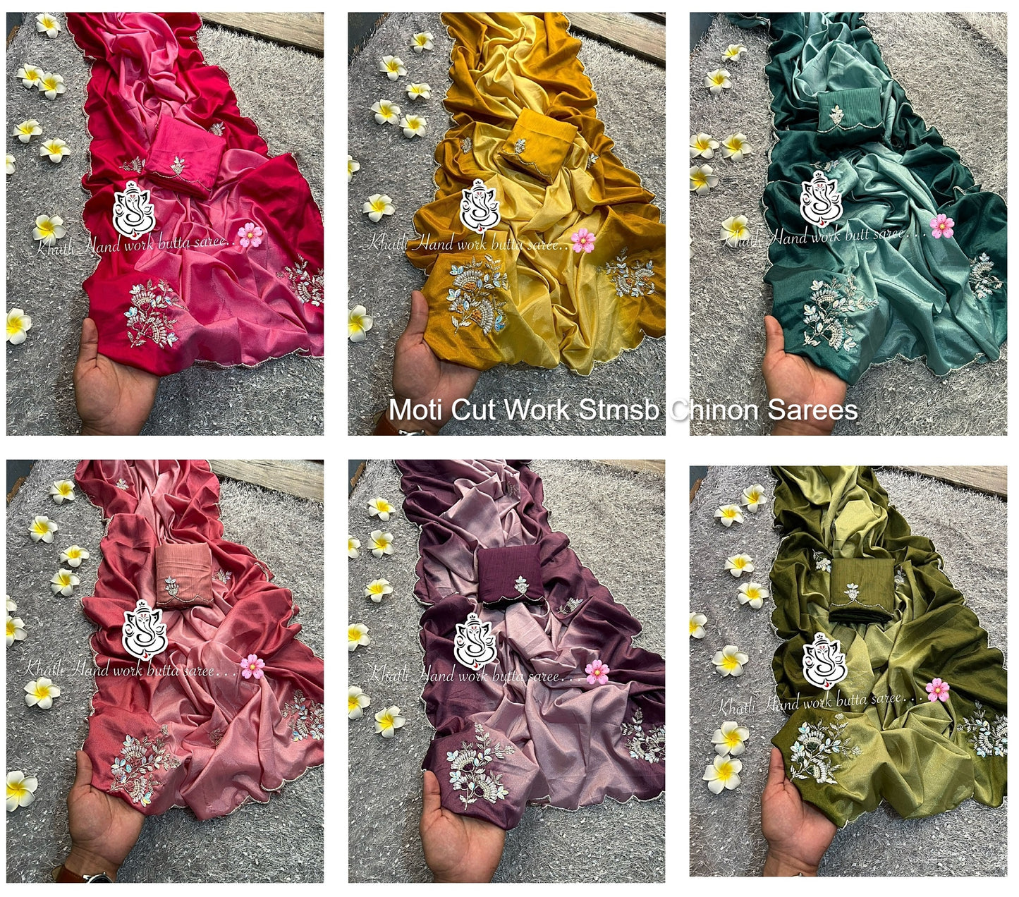 Moti Cut Work Stmsb Chinon Sarees