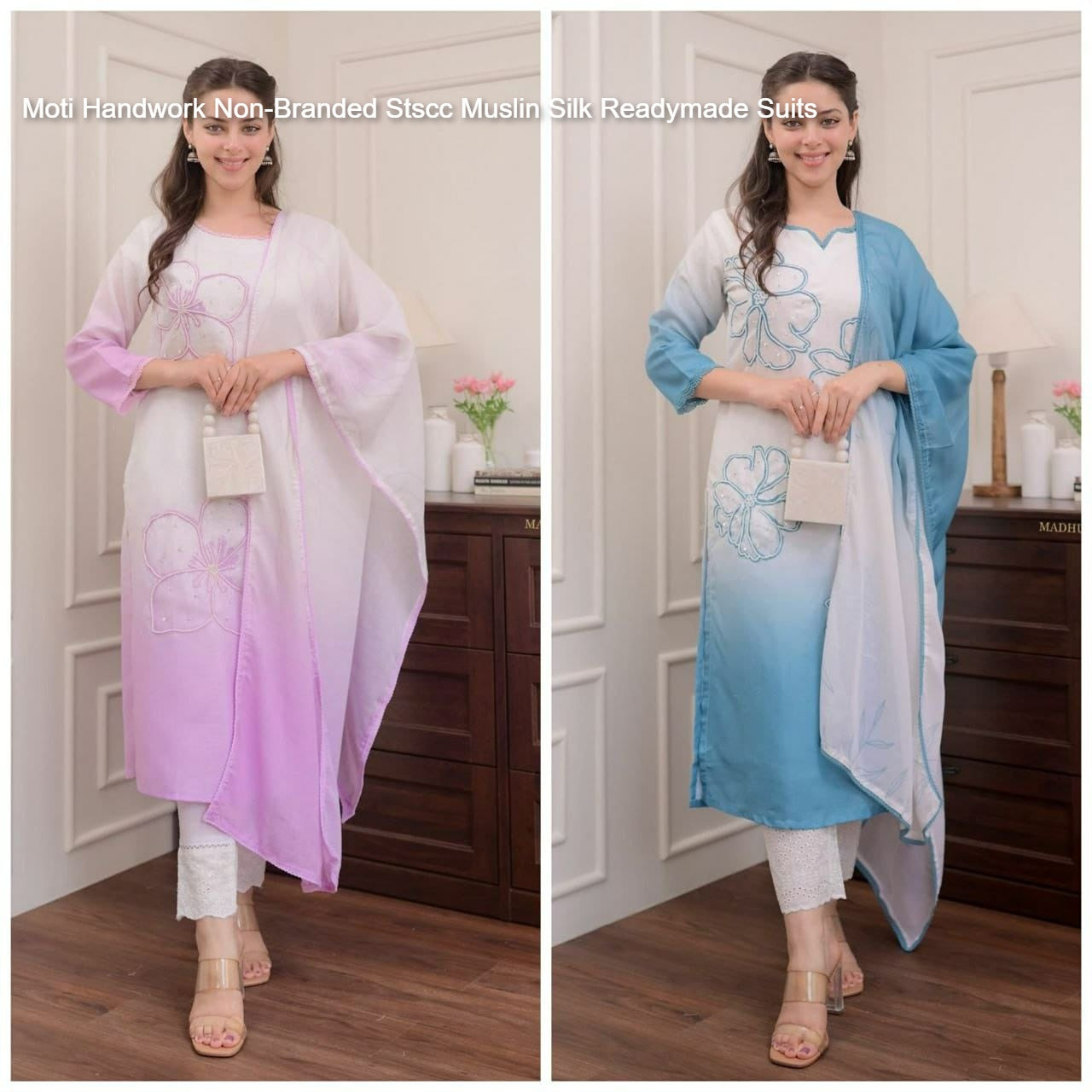 Moti Handwork Non-Branded Stscc Muslin Silk Readymade Suits