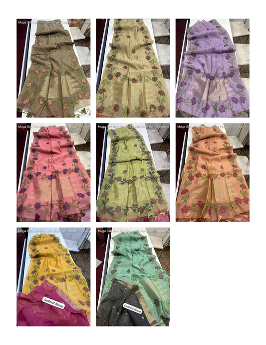Muga Silk Non-Branded Stadi Floral Border Sarees
