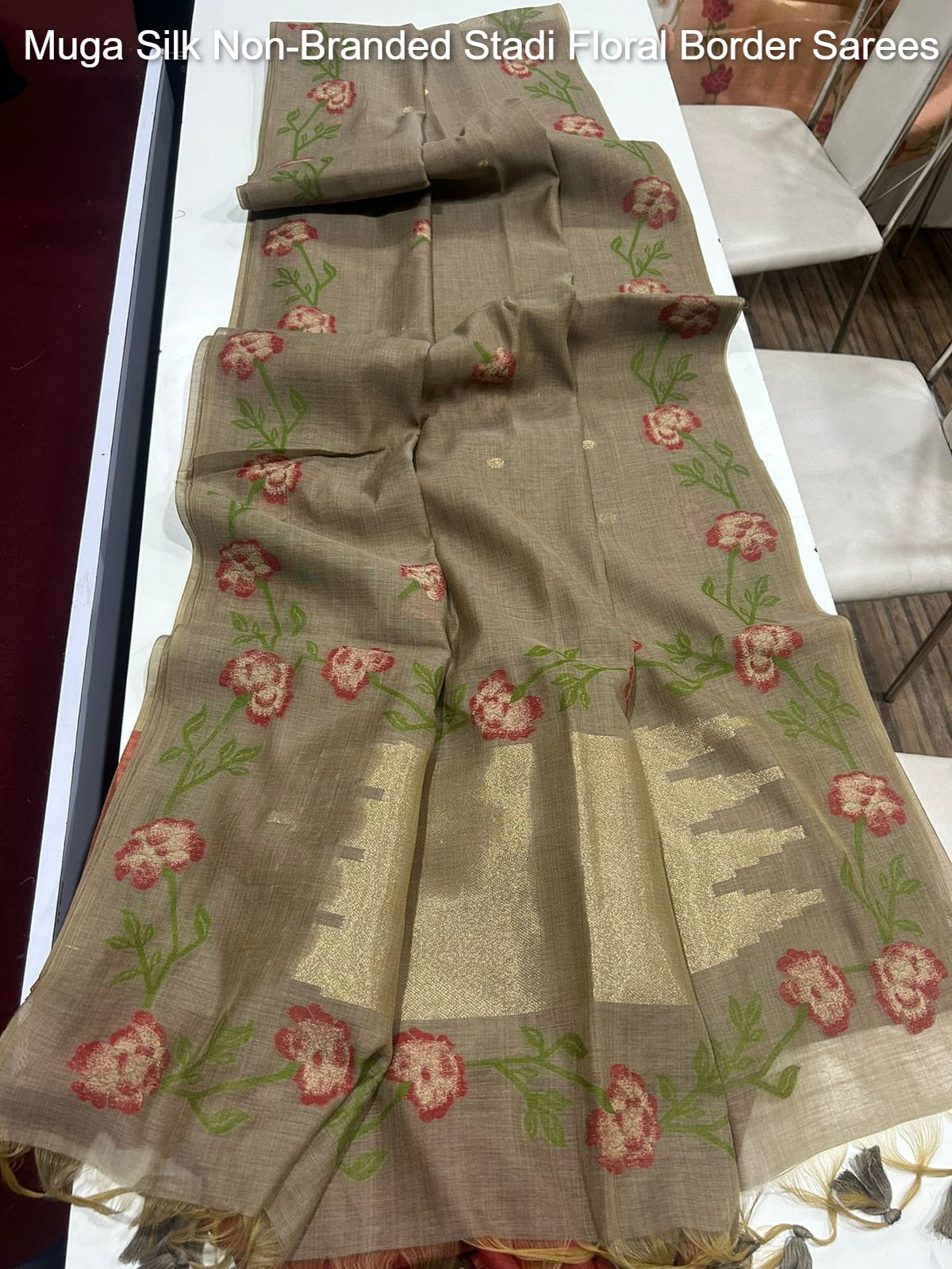 Muga Silk Non-Branded Stadi Floral Border Sarees