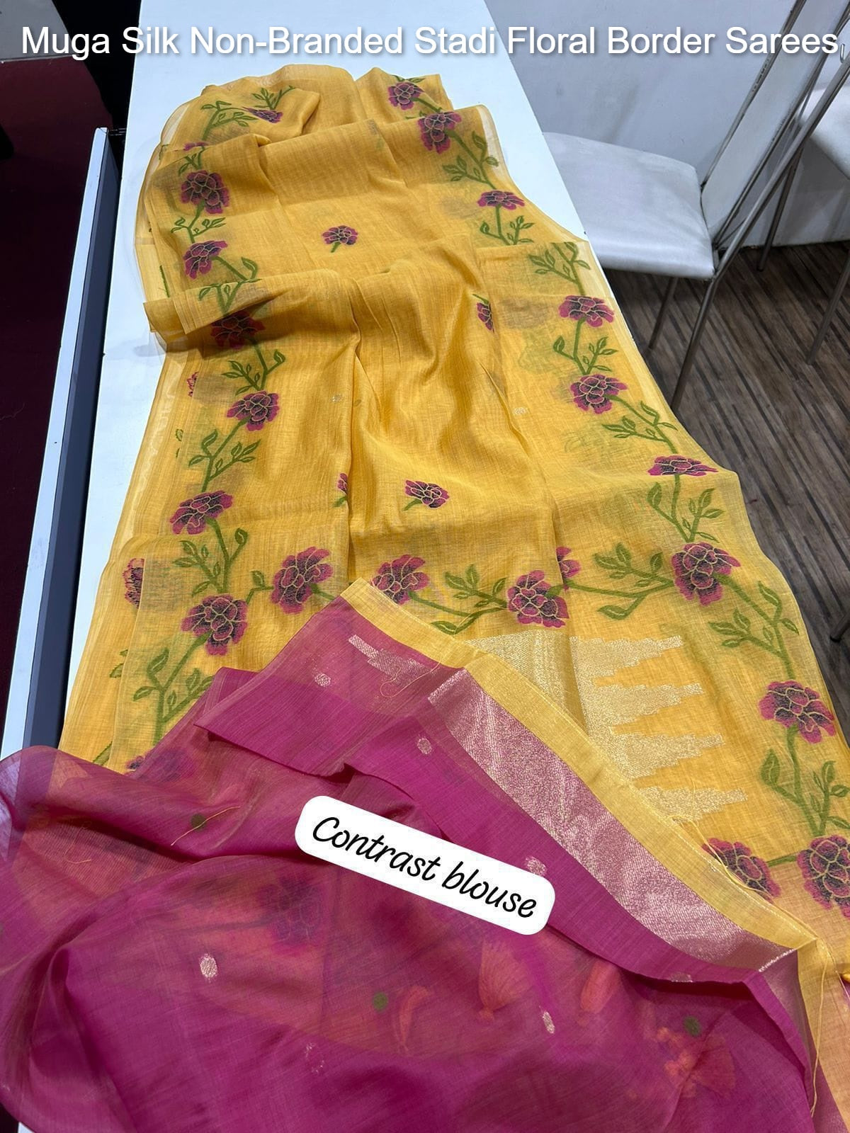 Muga Silk Non-Branded Stadi Floral Border Sarees