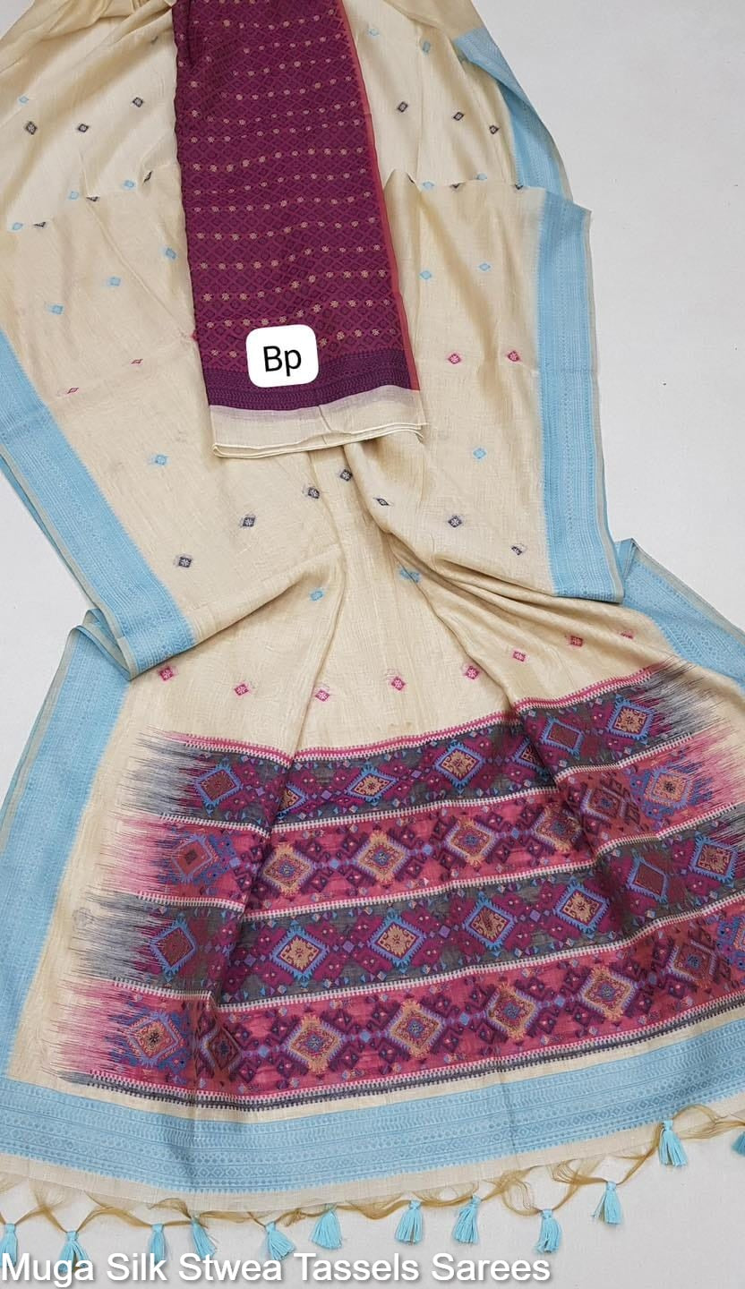 Muga Silk Stwea Tassels Sarees