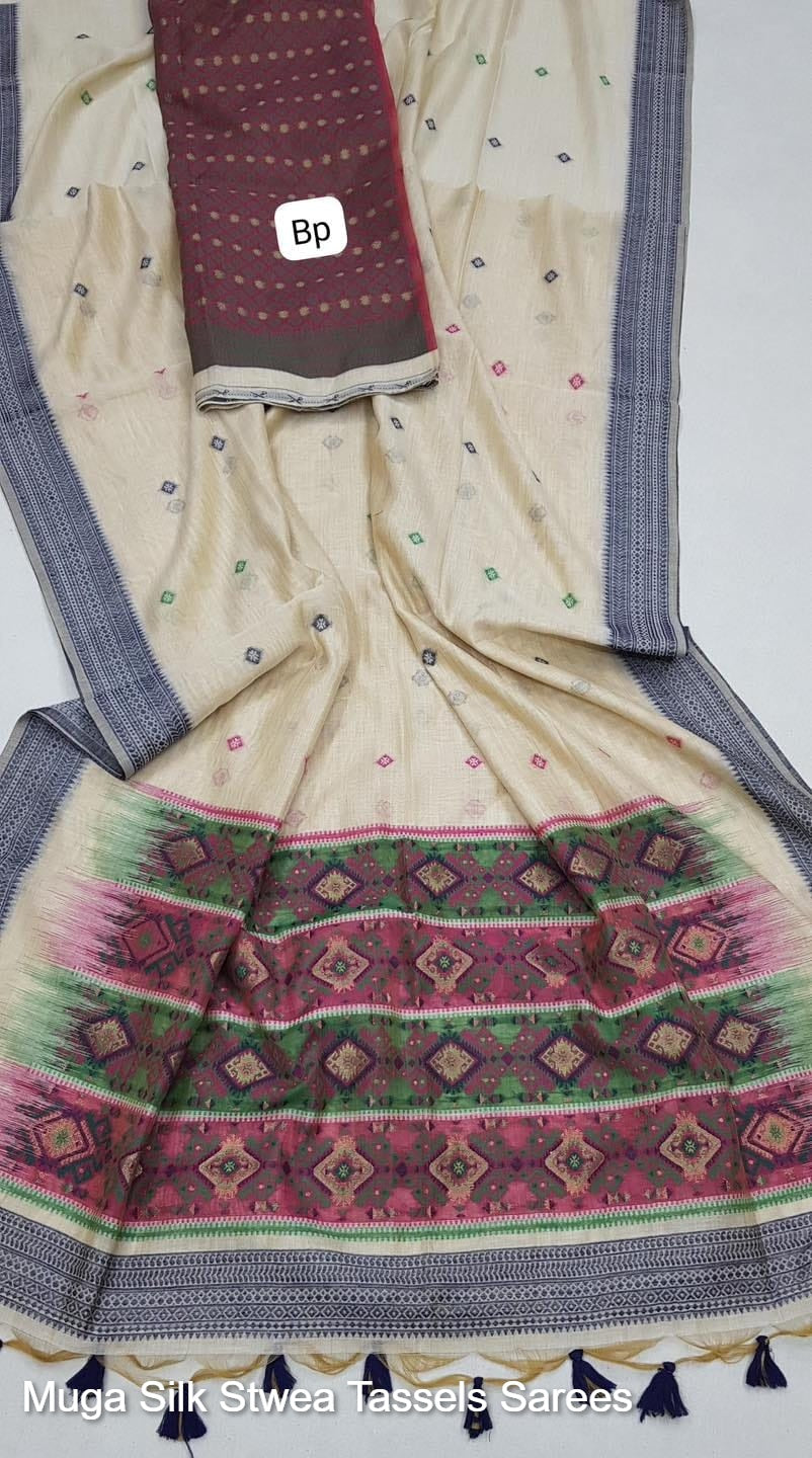 Muga Silk Stwea Tassels Sarees