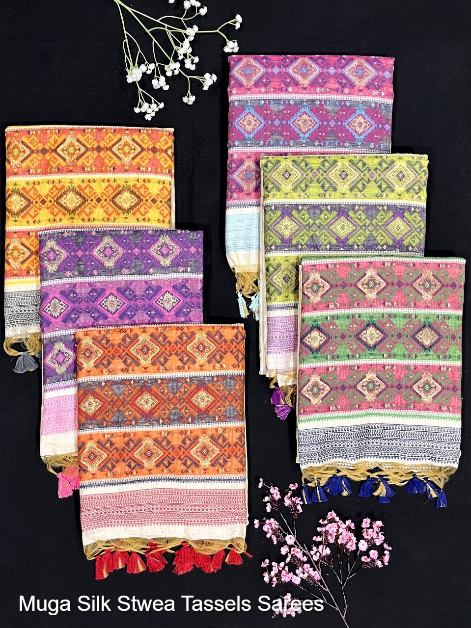 Muga Silk Stwea Tassels Sarees