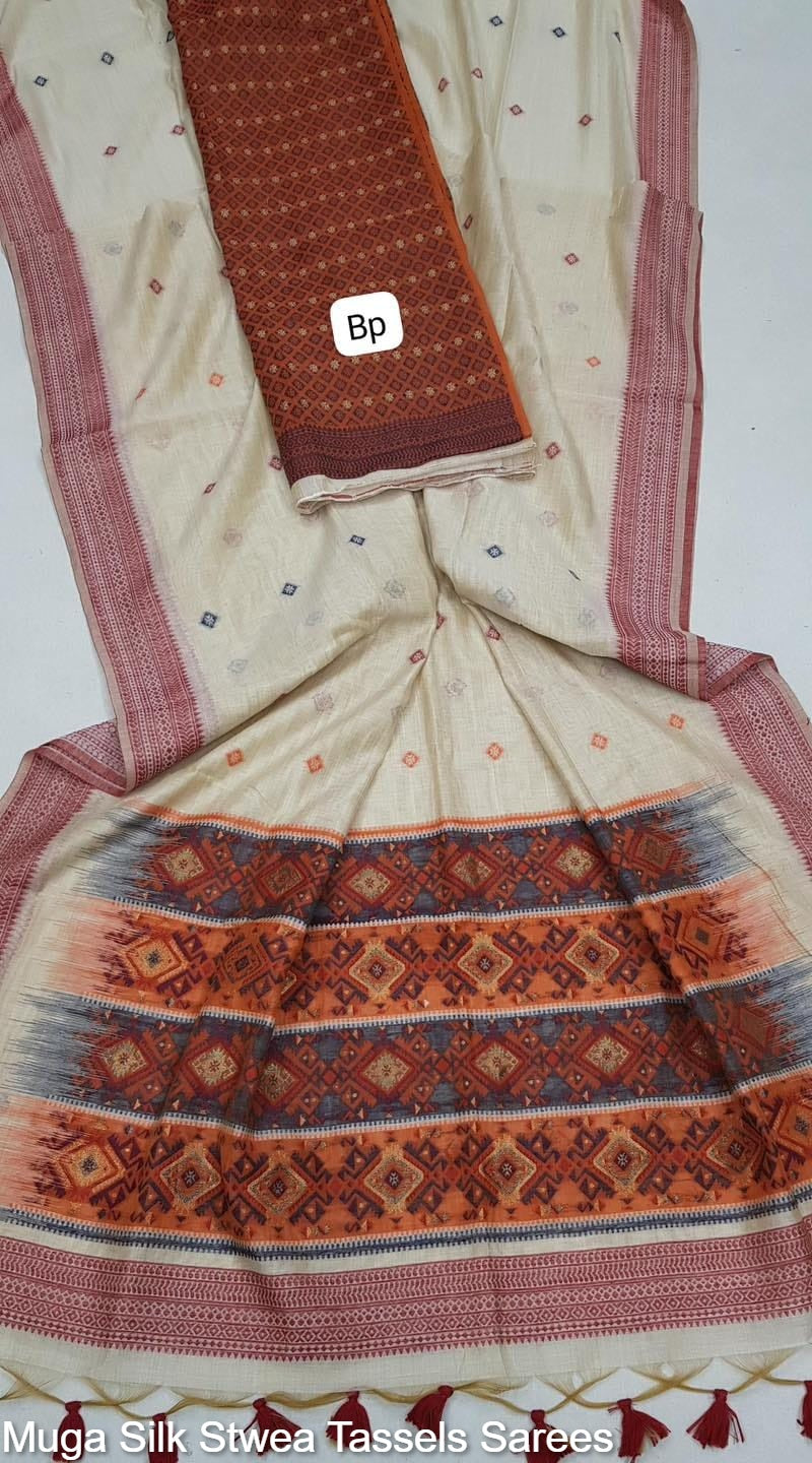 Muga Silk Stwea Tassels Sarees