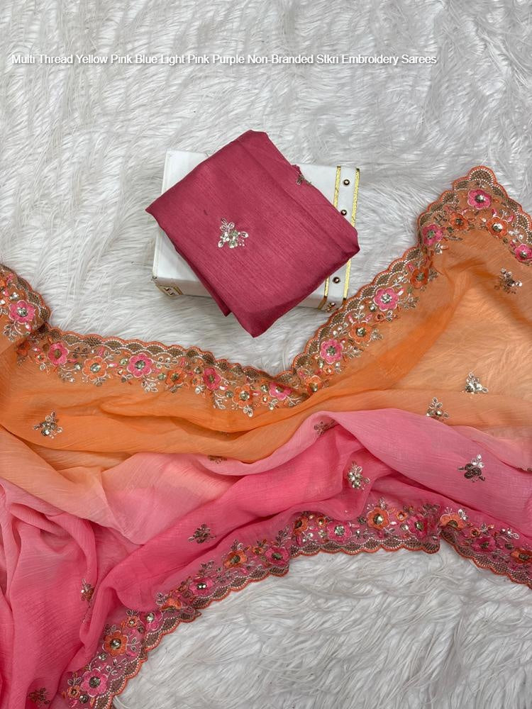 Multi Thread Yellow Pink Blue Light Pink Purple Non-Branded Stkri Embroidery Sarees