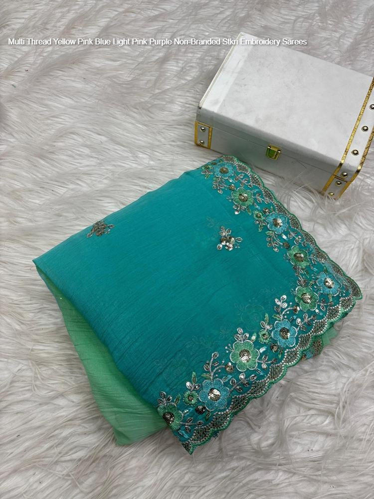 Multi Thread Yellow Pink Blue Light Pink Purple Non-Branded Stkri Embroidery Sarees