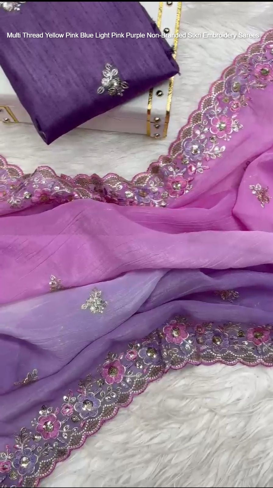 Multi Thread Yellow Pink Blue Light Pink Purple Non-Branded Stkri Embroidery Sarees