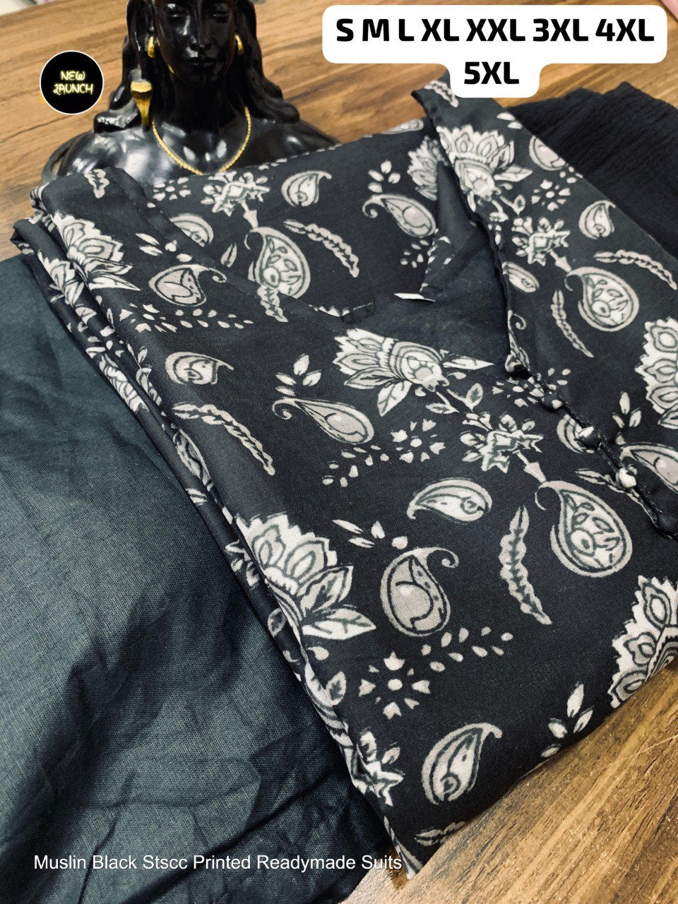 Muslin Black Stscc Printed Readymade Suits