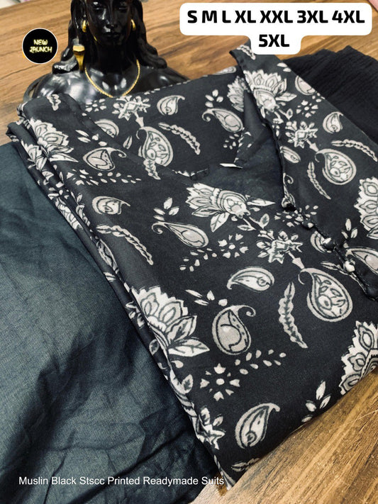 Muslin Black Stscc Printed Readymade Suits